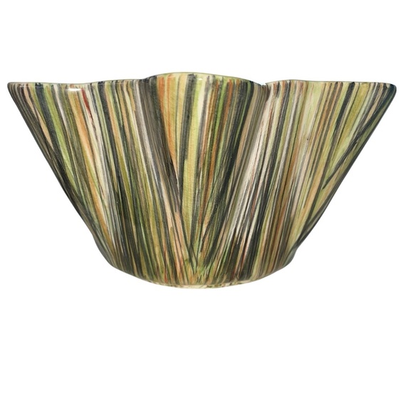 VTG MCM Scalloped Bowl – Hand-Painted Striped Pottery, Green Interior - Picture 4 of 12